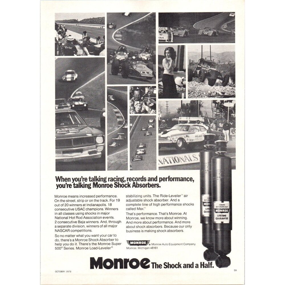 1973 Monroe Shock Absorbers Vintage Print Ad Race Cars Racing Part 70s Wall Art